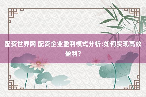 配资世界网 配资企业盈利模式分析:如何实现高效盈利？